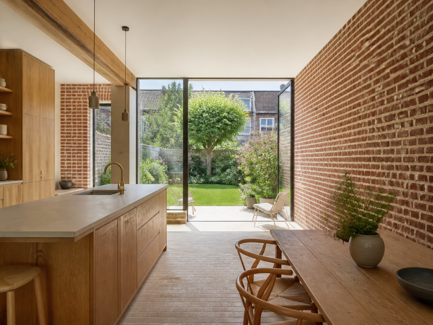 Cuisine en brique ouverte sur un jardin lillois